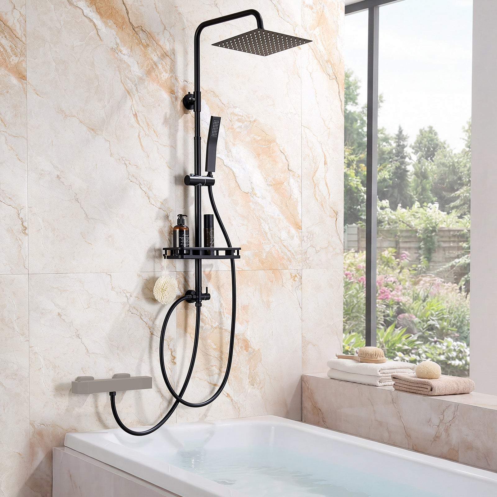 Auralum Max Colonne Douche Sans Mitigeur Noire,Tête Carrée 25×25 cm,Hauteur Réglable 72-110cm,Douchette Main,Étagère Sans Perçage/Flexible 1,5 m - 9