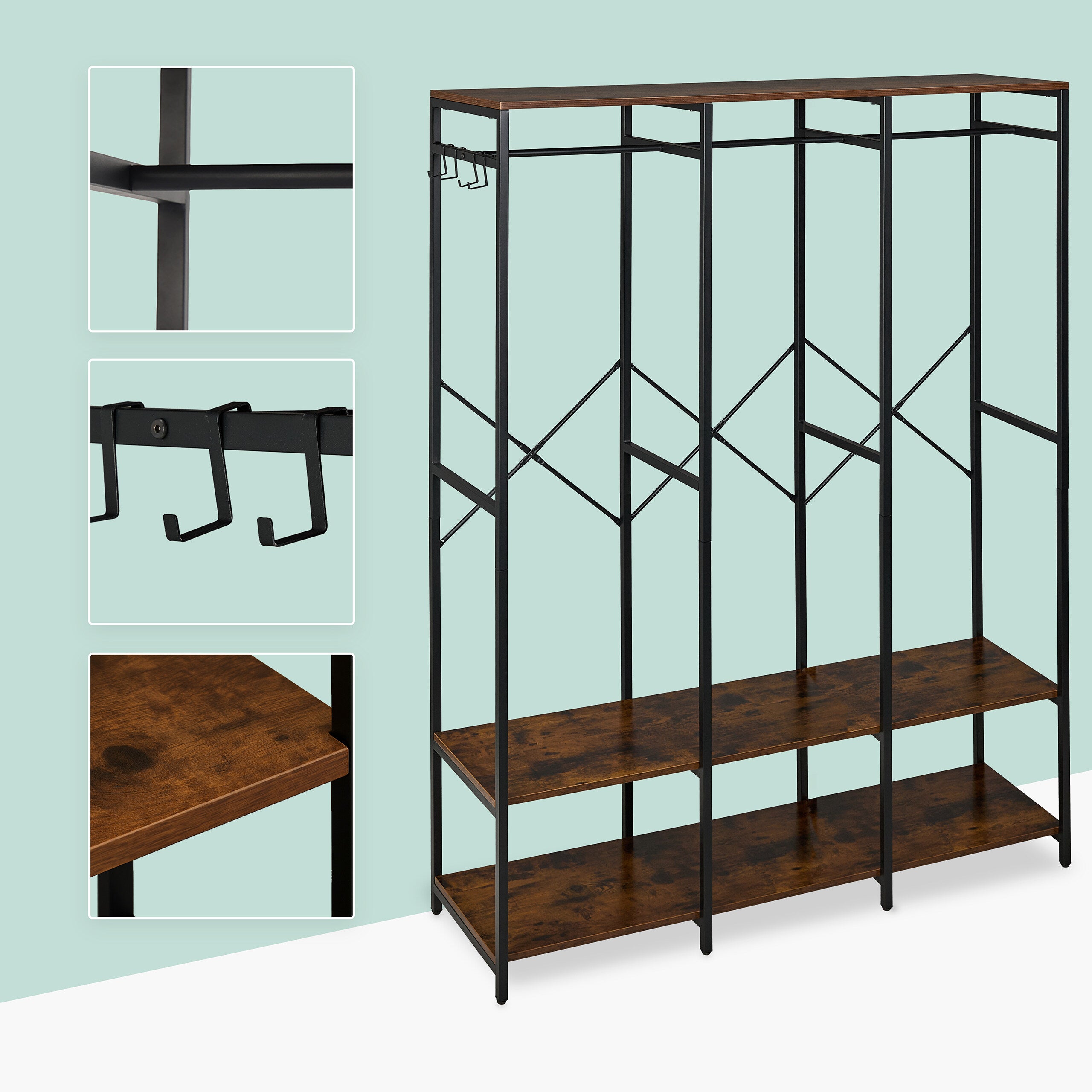 Cabideiro, aberto, armário, prateleiras e barra, 180 x 141 x 40 cm, cabideiro, metal, preto/castanho, Relaxdays - 5