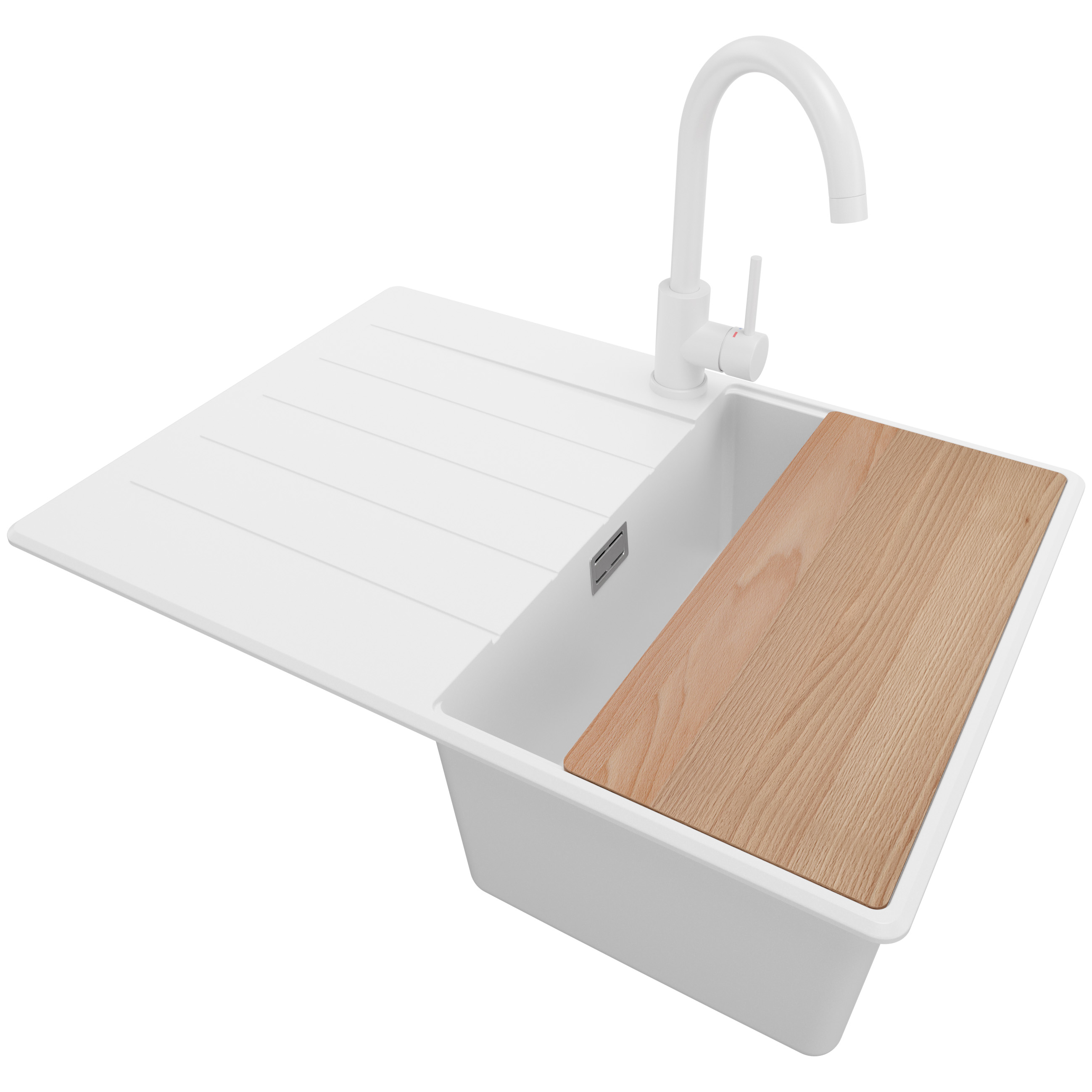 Zlewozmywak Granitowy Biały 70x50cm, Zlew Kuchenny 1 Komorowy + Bateria 32x20cm + Syfon + Deska, Nablatowy do szafki od 40cm - Kopenhaga PRIMAGRAN