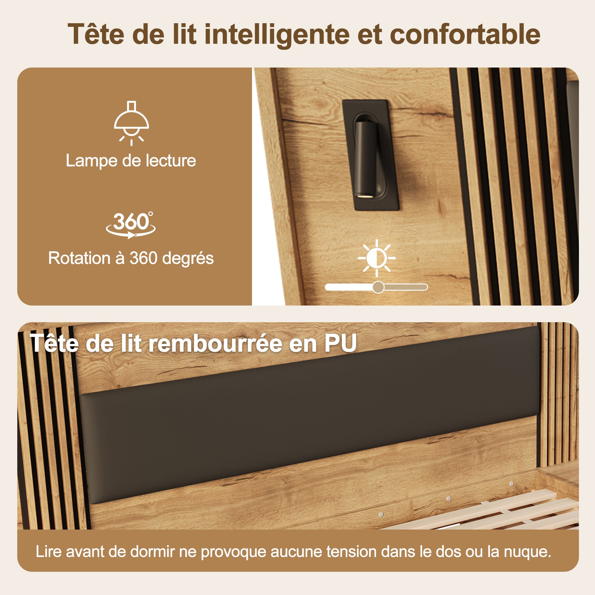 Lit 160x200 cm avec 2 avec table de nuit et 2 lampes de lecture, lit double en bois avec tiroirs, cadre de lit avec sommier, naturel (sans matelas) - 5