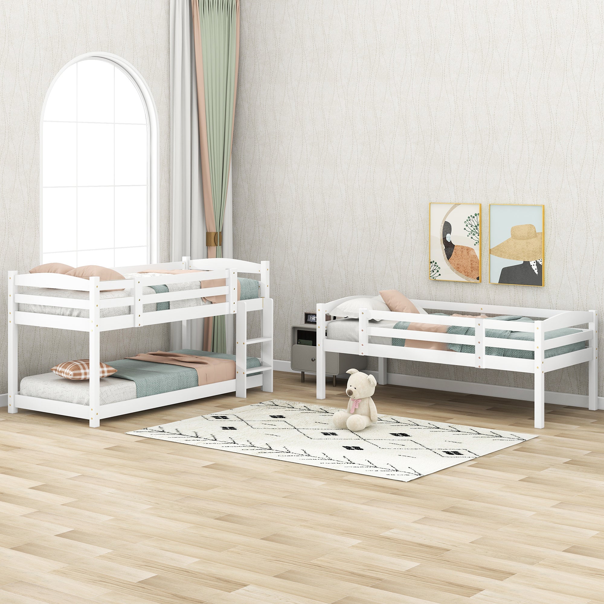Lit superposé triple avec échelle et barrière de protection - 90x200cm - bois massif - Blanc - 3