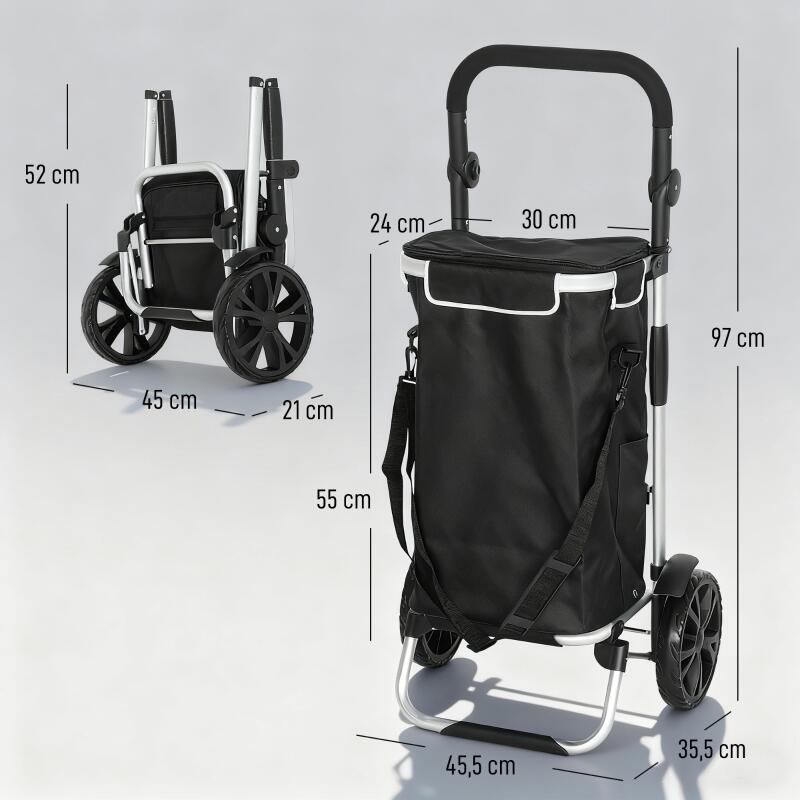 Chariot de courses pliable 40 L caddie de courses portable à roulettes avec poignée télescopique, 45,5x35,5x97cm, noir - 4