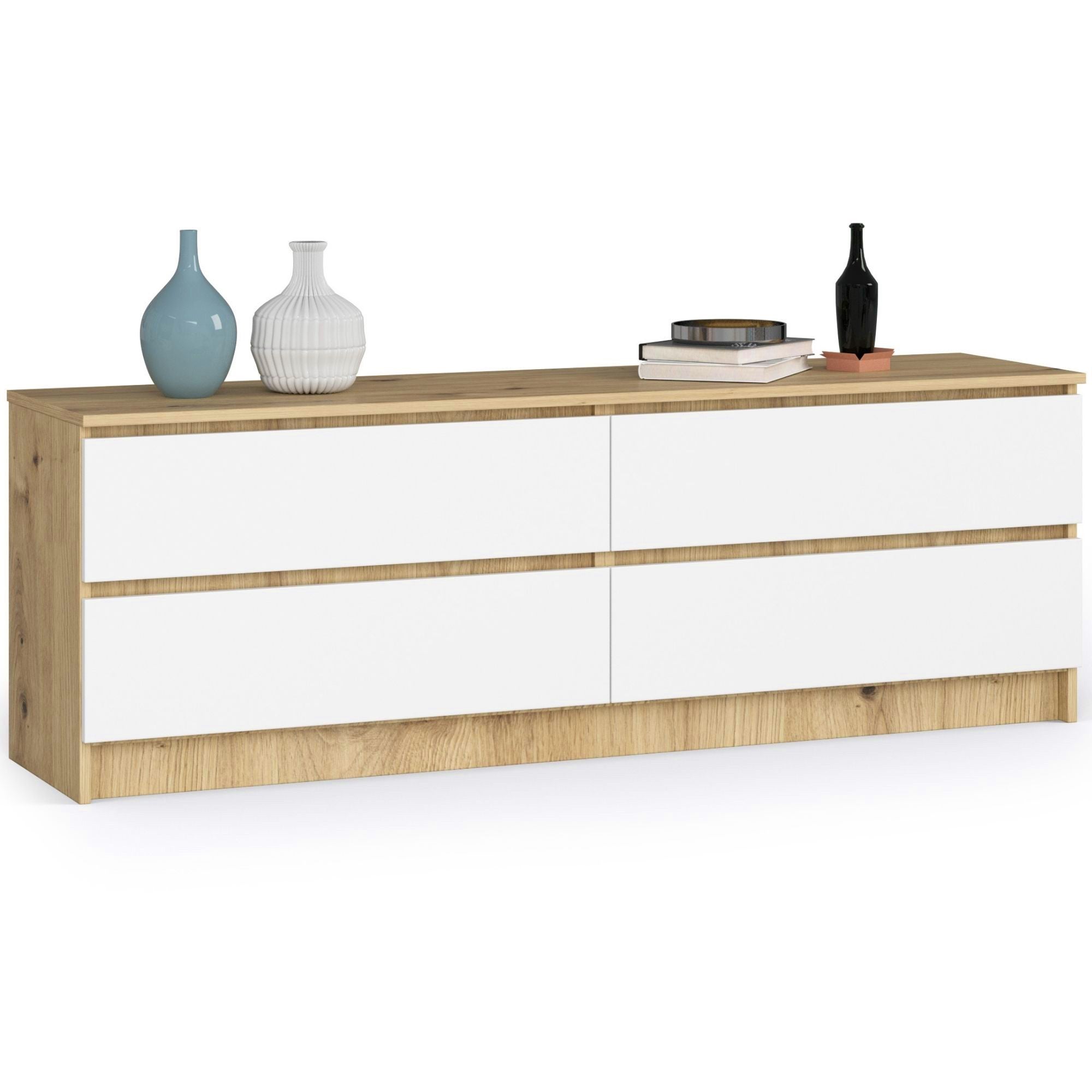 Komoda AKORD K160 Dąb Artisan 160 cm 4 szuflady kolor Biały mat 160x40x55 cm