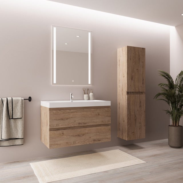 Ensemble meuble vasque 80 cm avec colonne - LOMAZOO Avalon - chêne clair - lavabo blanc