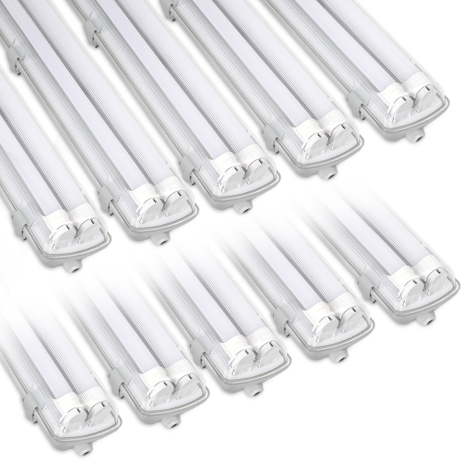 10x wodoodporna lampa listwowa LED do świetlówek T8 LED, IP65 120 cm, 2 x 18 W, zimna biel