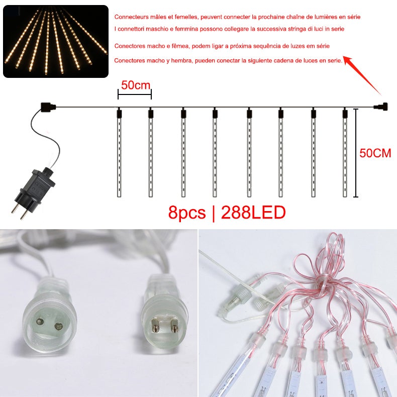 Luci di Natale per esterni, luci a pioggia di meteoriti a 288 LED, decorazioni natalizie, luci natalizie fatate, bianco caldo (8 tubi - 50 cm) - 2