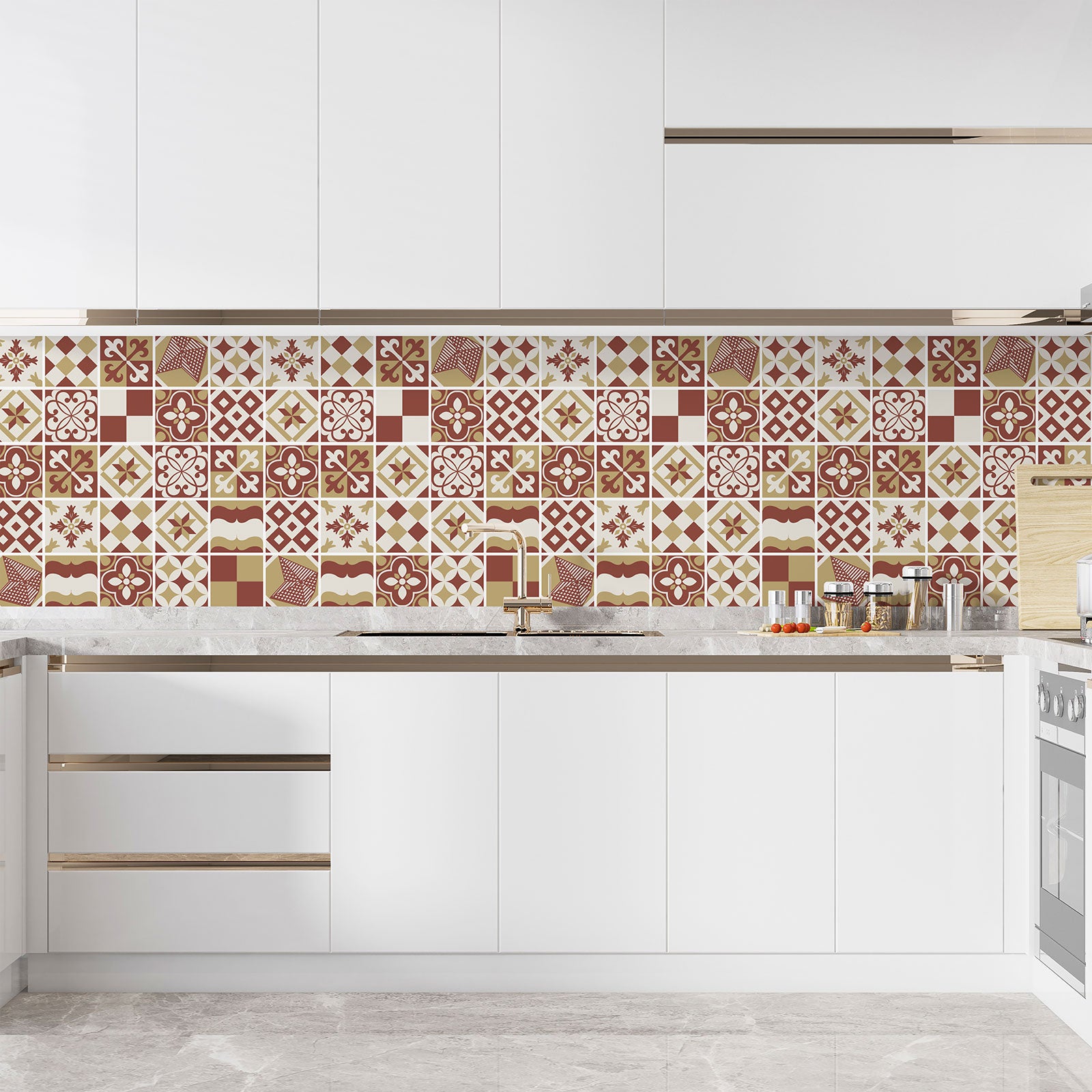 Crédence adhésive sticker décoratif pour cuisine - Effet carreaux de ciment - Adhésif BRILLANT - 60x60 cm - 3