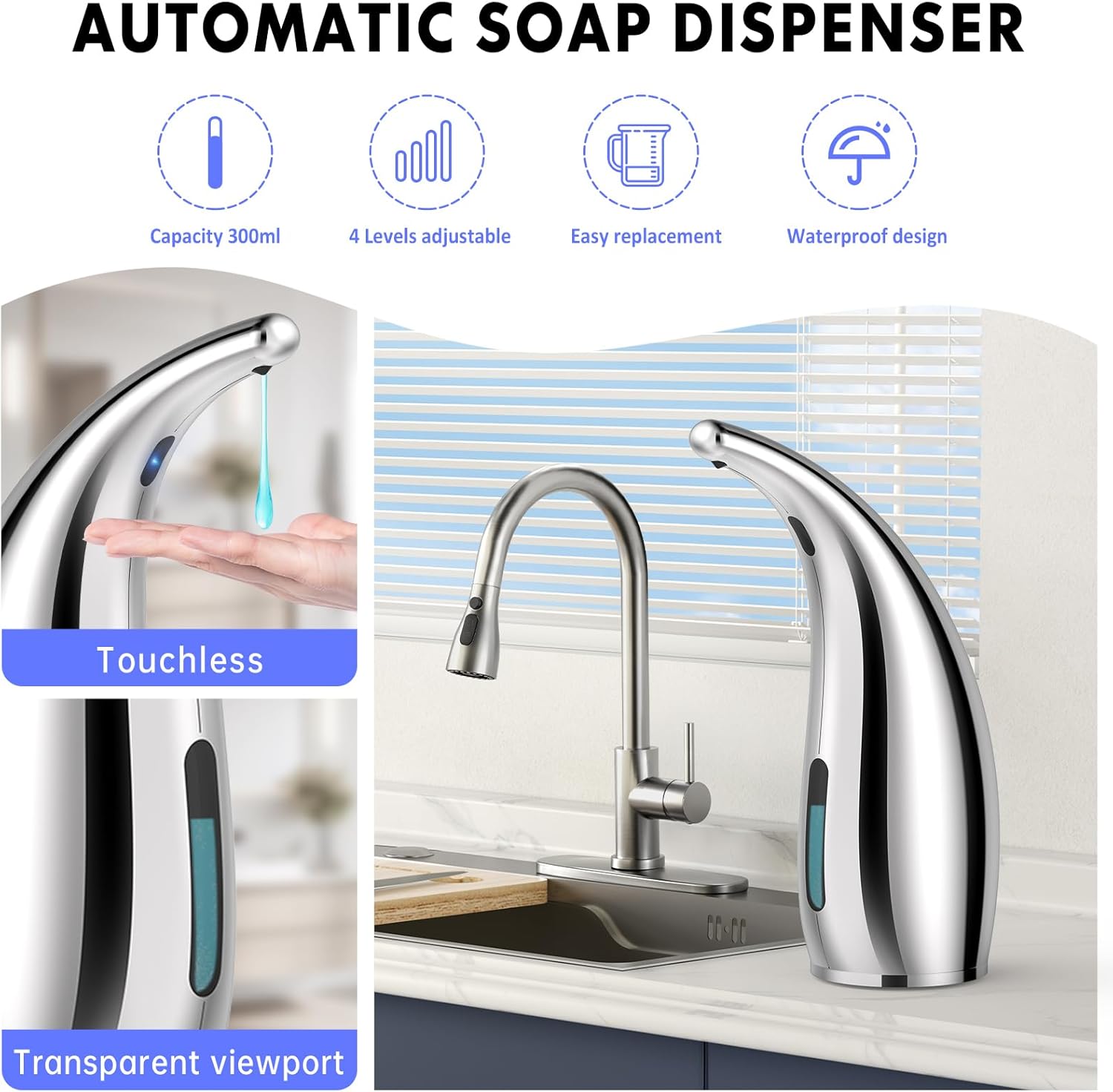 Dispenser Sapone Automatico Senza Contatto - 300ml A Batteria Con Sensore E 4 Livelli Regolabili - Impermeabile IPX6 Per Cucina E Bagno (Grigio)