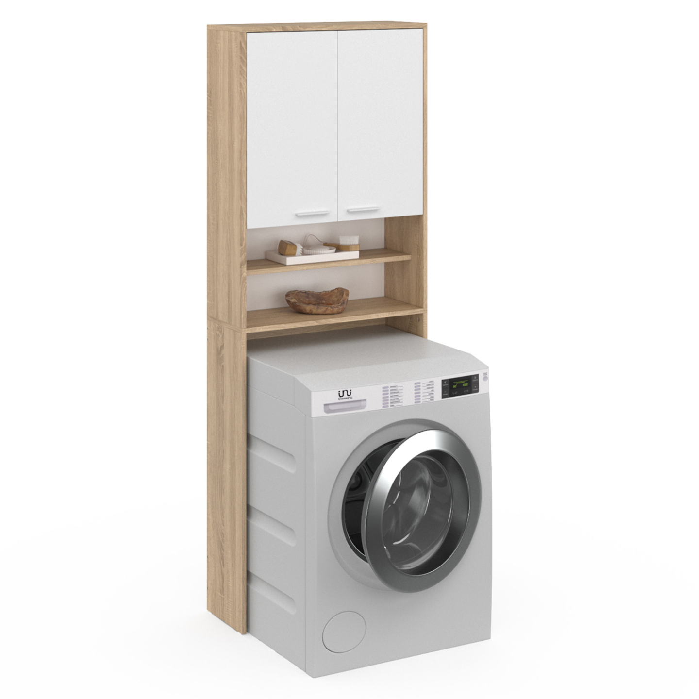 Meuble étagères de rangement dessus machine à laver et WC WALLIS blanc et hêtre - 2