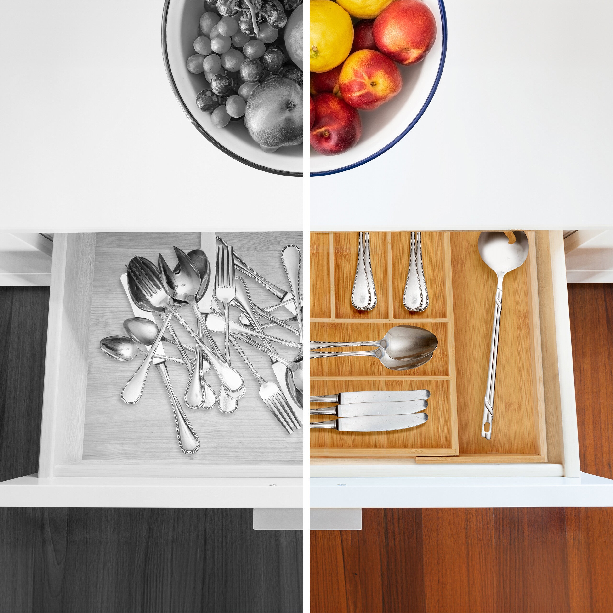 Cubertero Bambú Extensible Cajón, Bandeja Cubiertos 6-8 Espacios 2 Soportes Cuchillos, 5x32x43cm, Natural, Relaxdays - 5