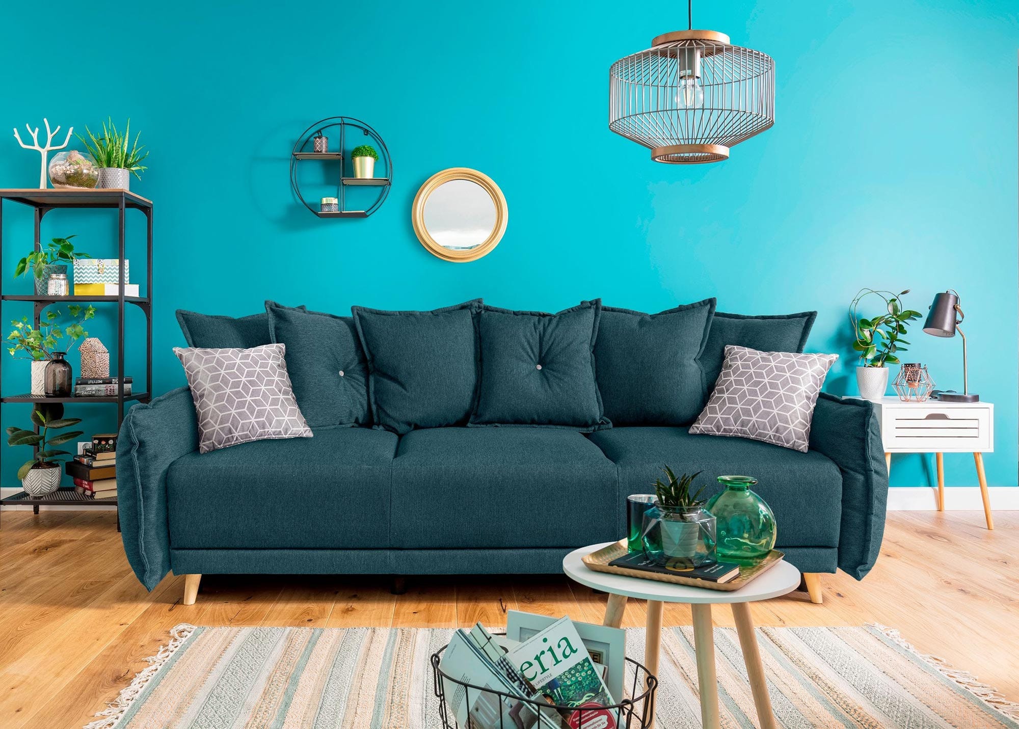 Canapé droit convertible 3 places en tissu bleu turquoise - LENA - Best ...