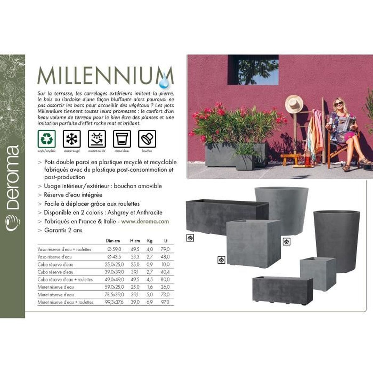 Jardiniere Muret - DEROMA - Millennium R - Ashgrey - A réserve d'eau - Roulettes - 99 cm - 6