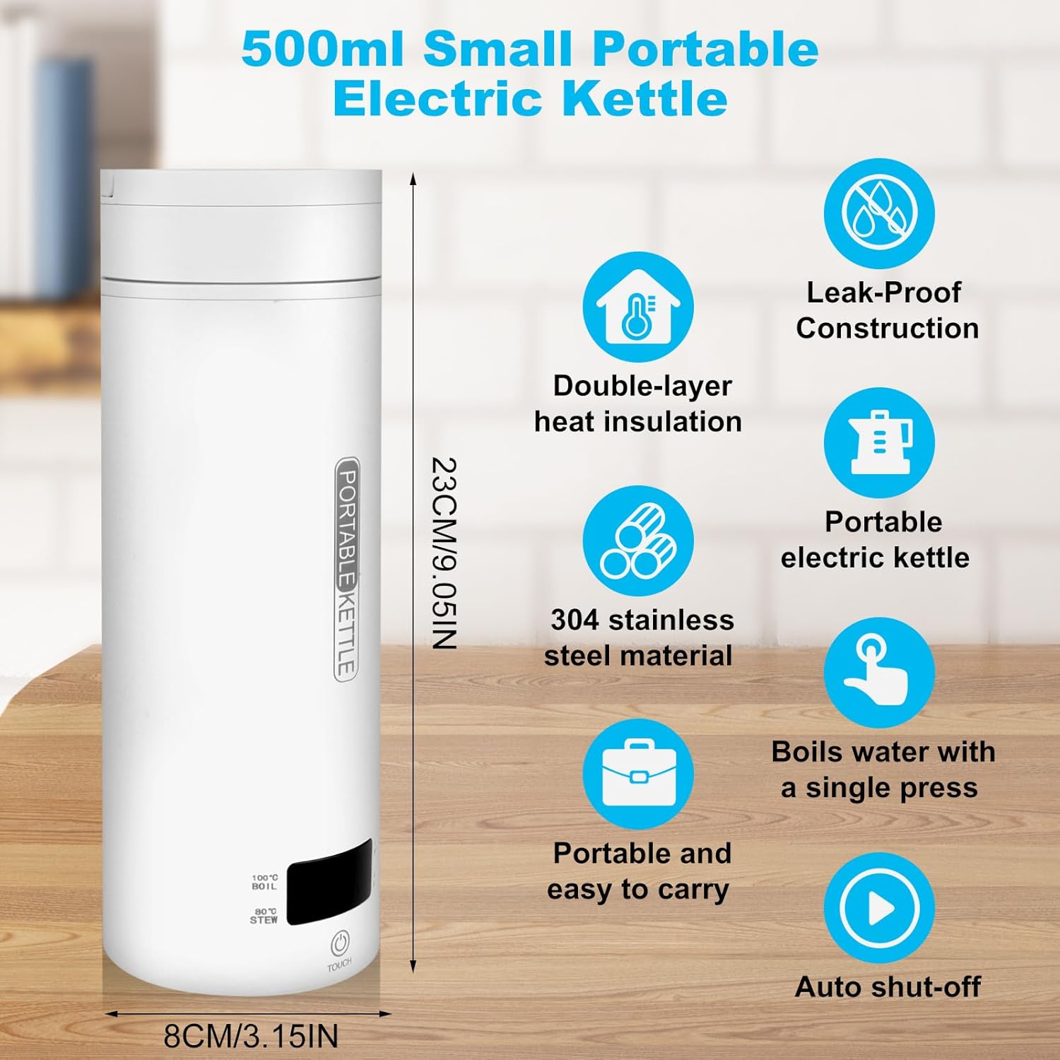 (500 ml)Bouilloire de Voyage, Mini Bouilloire Electrique, 3 en 1 Bouilloire Portable - 4 régulateurs de température, pour Thé, Café, Lait/Camping - 2