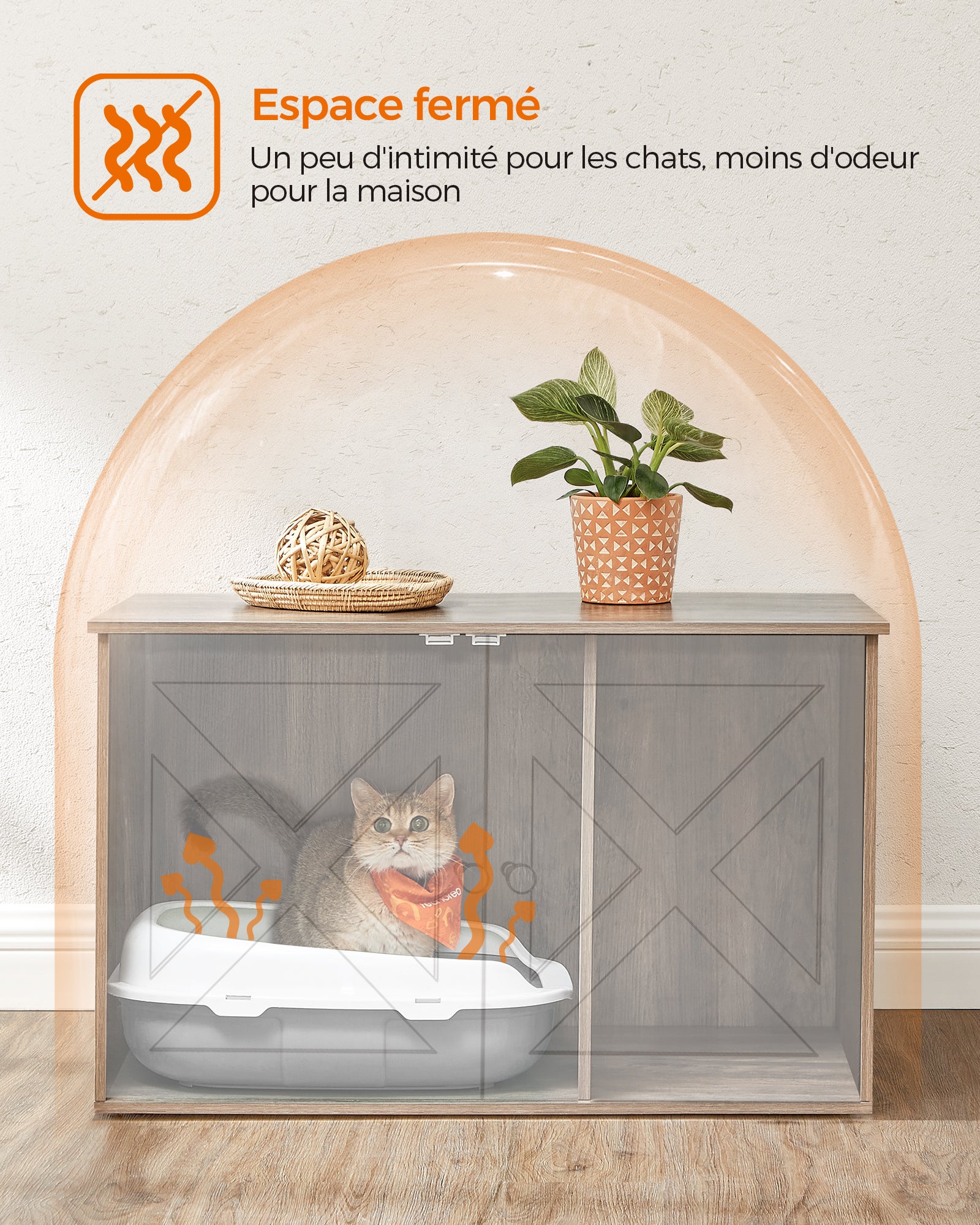 Maison de Toilette Chat, Meuble Litière Chat, avec Séparateur Amovible, Cache-litière pour Chat, Table, 80 x 53 x 50 cm, Grège - 3