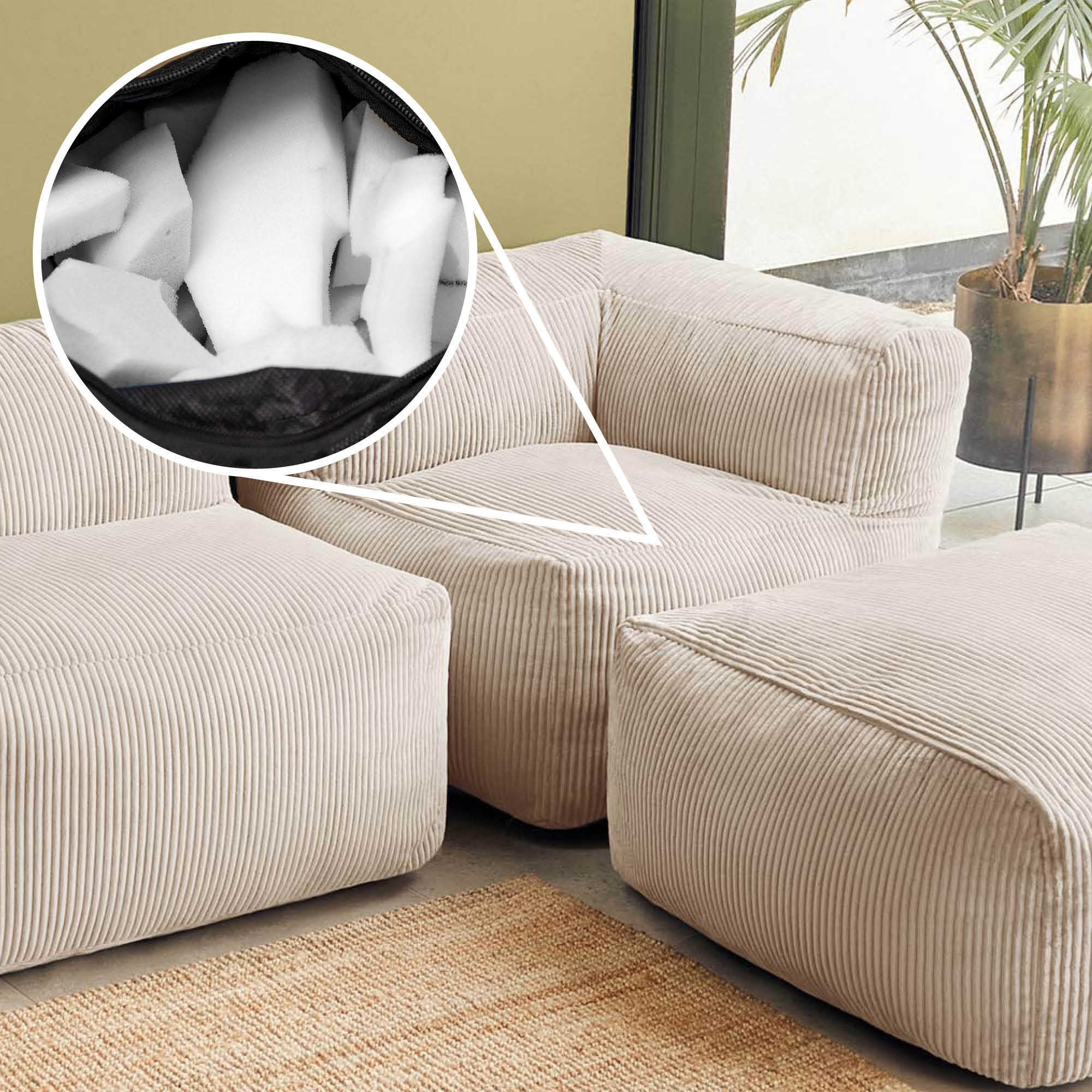 Ensemble Icon canapé poufs 3 pièces : angle, fauteuil et repose-pieds beige Oeko-Tex® - 5