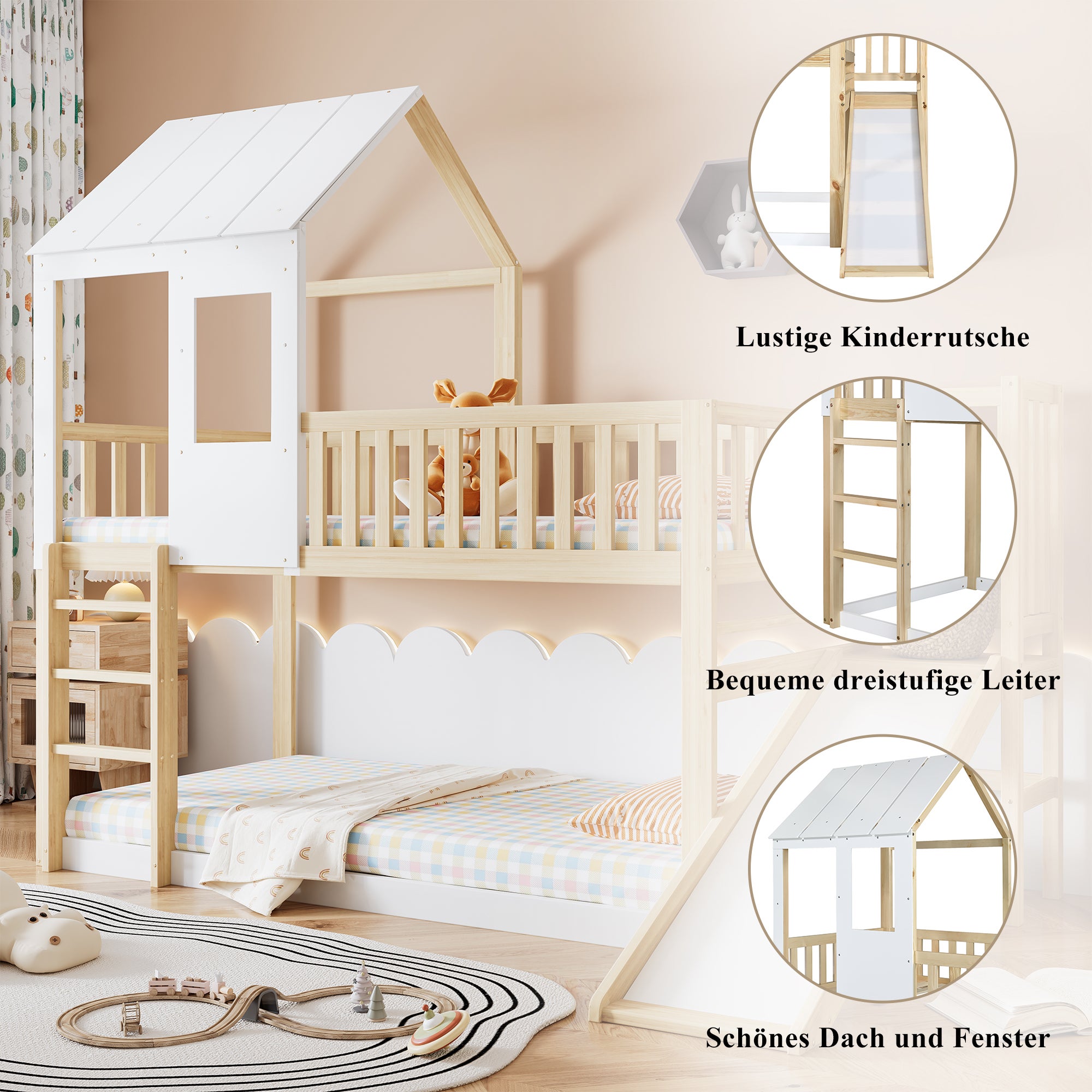 Lit Mezzanine Enfant 90x200cm avec toboggan, Lit superposé avec Cadre en Forme de Maison et Fenêtre, Blanc + Naturel - 6