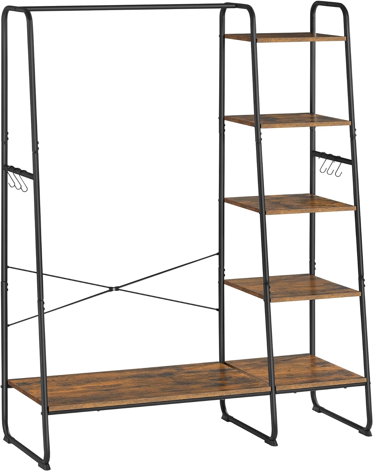 Porte-manteau sur Pieds, Meuble Chaussure Entrée, Vestiaire, avec 5 Étagèress de Rangement, 6 Crochets, pour Chambre, Salon, Marron Rustique et Noir - 2