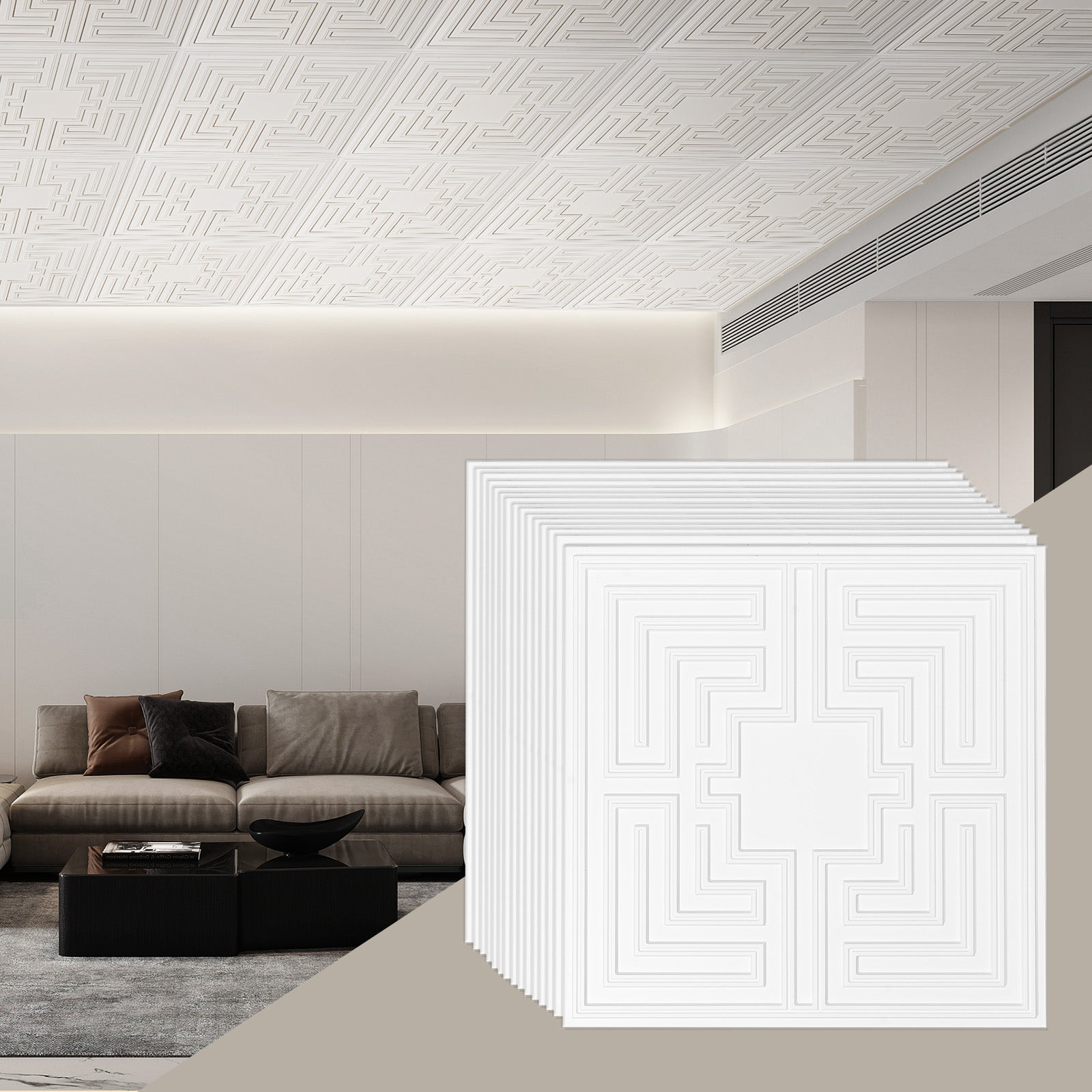 Panele Sufitowe PVC VEVOR Zestaw 12 szt., 605x605 mm, Łatwe Cięcie, Montaż na Klej, Wzór Echo Biały, do Domu i Biura