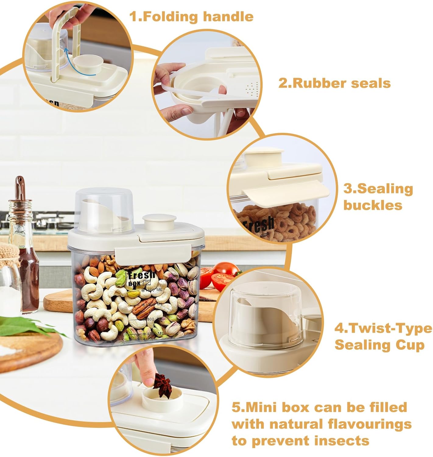 contenitore ermetico da cucina in plastica bianco crema da 18,5*10,5*24 cm con coperchio per conservare cereali e farina. - 2