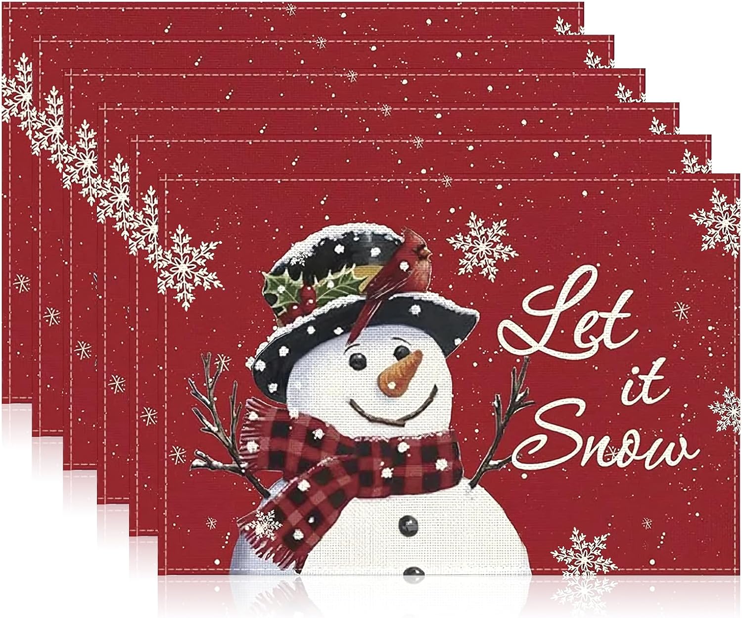 Zestaw 6 podkładek lnianych na stół świąteczny, podkładki świąteczne z bałwankiem, zmywalne czerwone podkładki, podkładki pod stół świąteczny do dekor