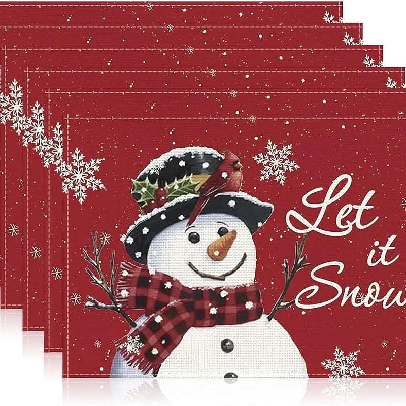 Zestaw 6 podkładek lnianych na stół świąteczny, podkładki świąteczne z bałwankiem, zmywalne czerwone podkładki, podkładki pod stół świąteczny do dekor