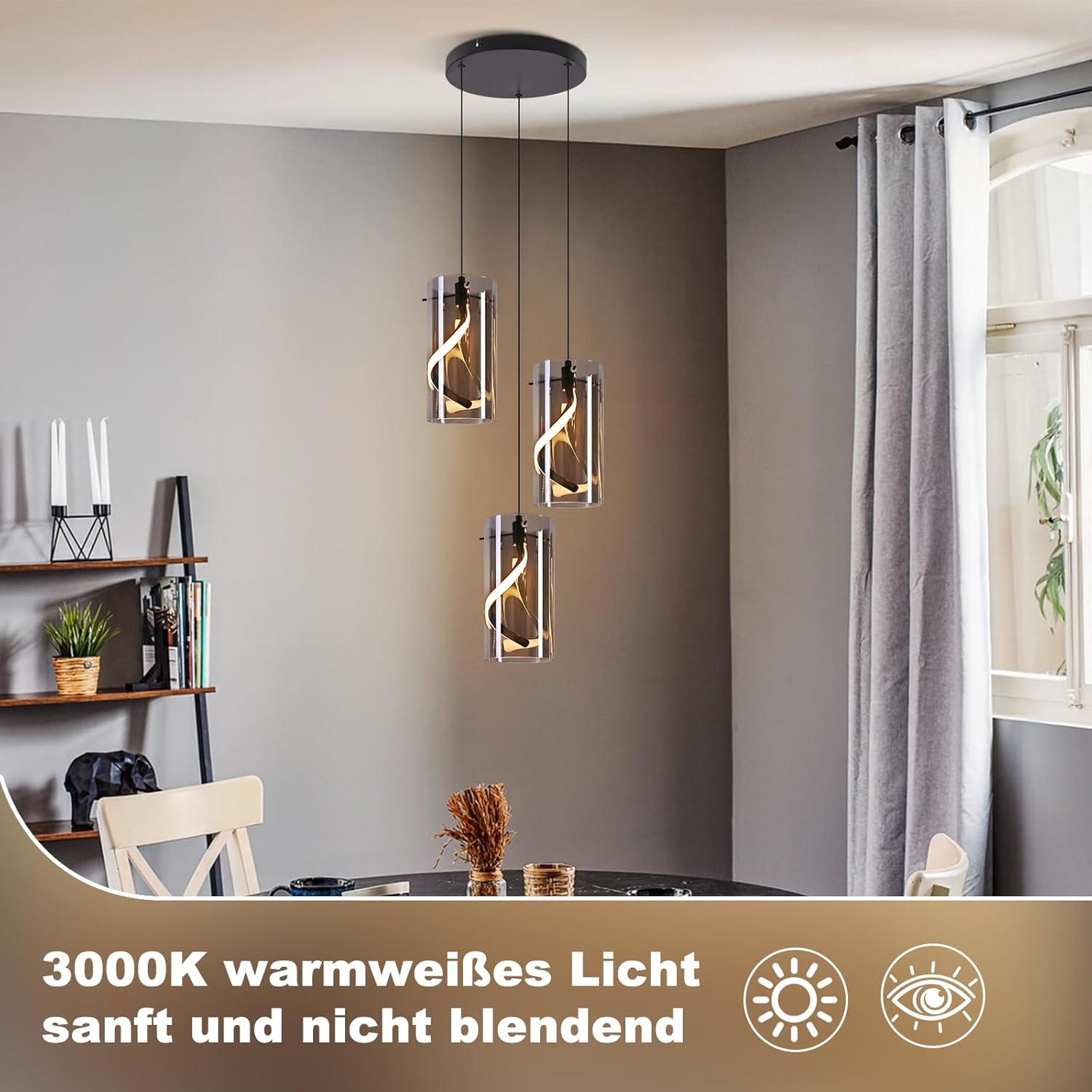 ZMH Suspension LED 3 Flamme Noir 150 Cm 23w Hauteur Réglable Suspendue Salon Chambre - 3