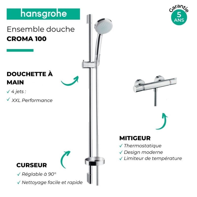 Ensemble douche HANSGROHE Croma + mitigeur thermostatique Vario Economie d'eau, barre 90cm - 3