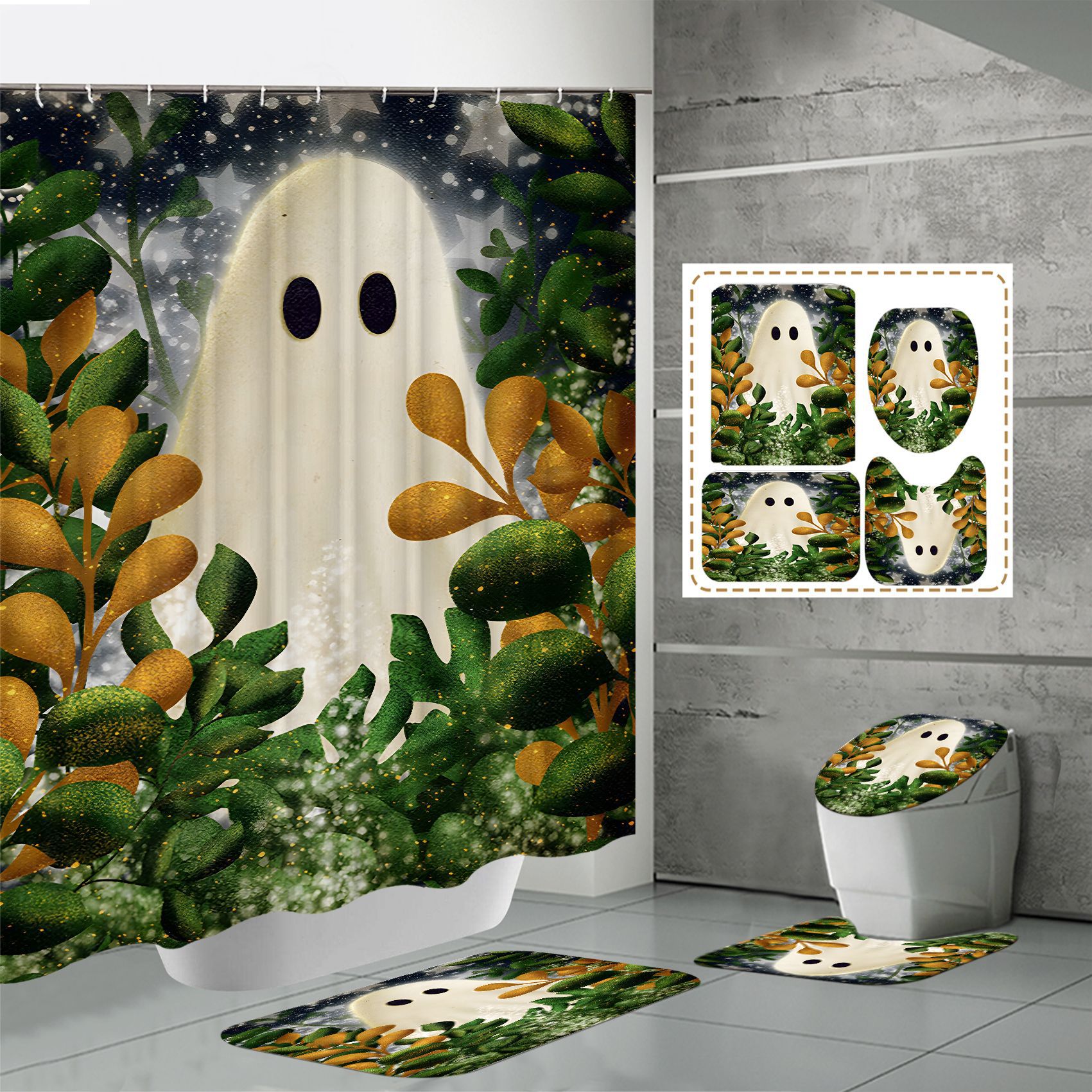 Czteroczęściowy zestaw z nadrukiem ducha rośliny na Halloween zasłona prysznicowa mata podłogowa dywanik w kształcie litery U deska sedesowa