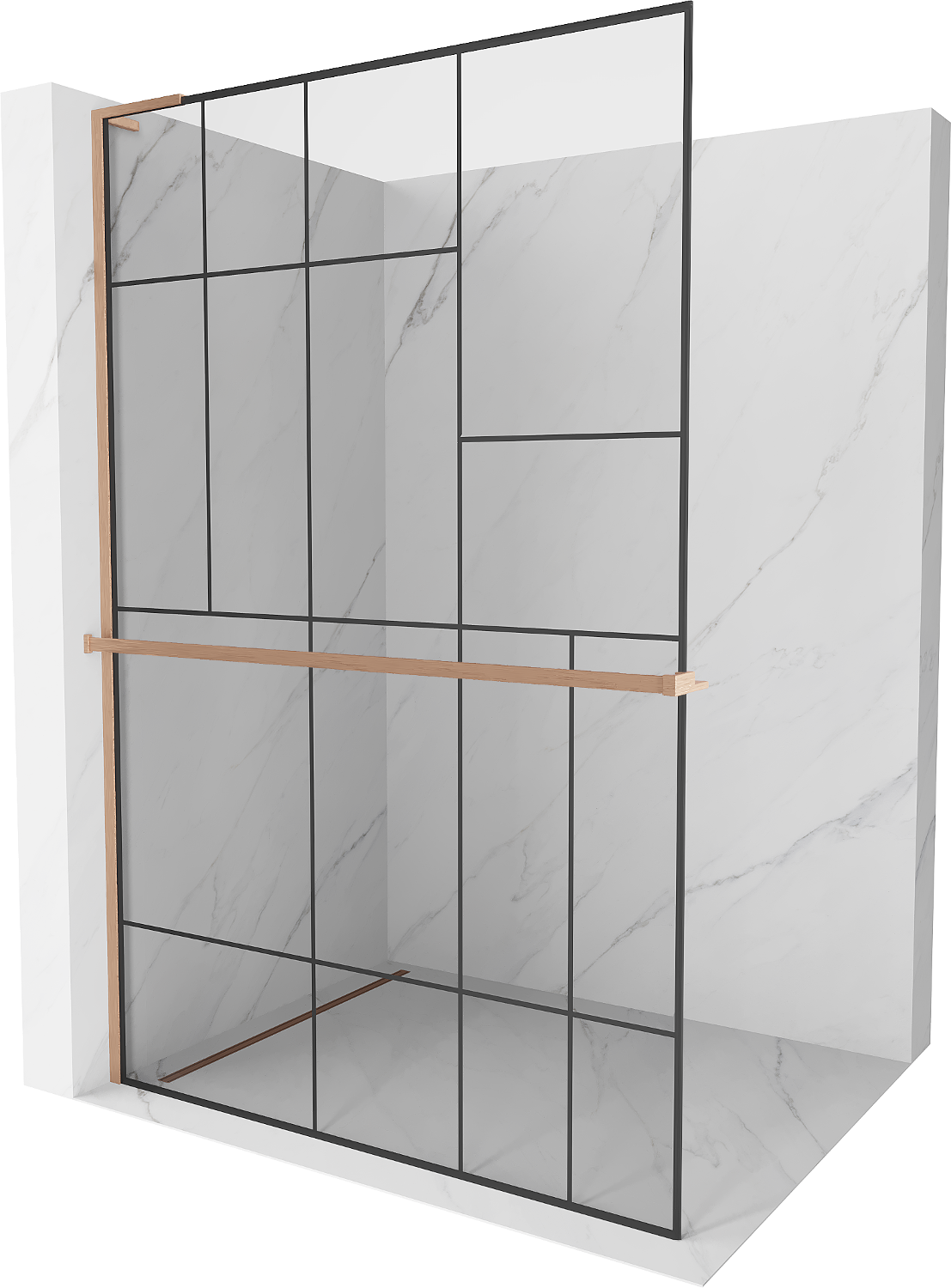 Mexen Kioto+ L ścianka prysznicowa z półką Walk-in 100 x 200 cm, czarny wzór, miedź szczotkowana - 800-100-123-65-78