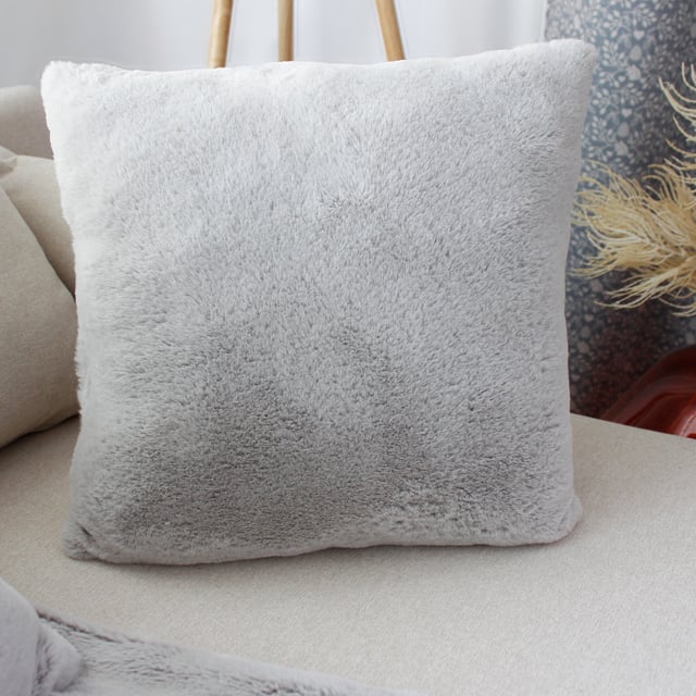 Lot Plaid + Coussin carré, fausse fourrure, Gris, Collection Rabbit, CMADECO