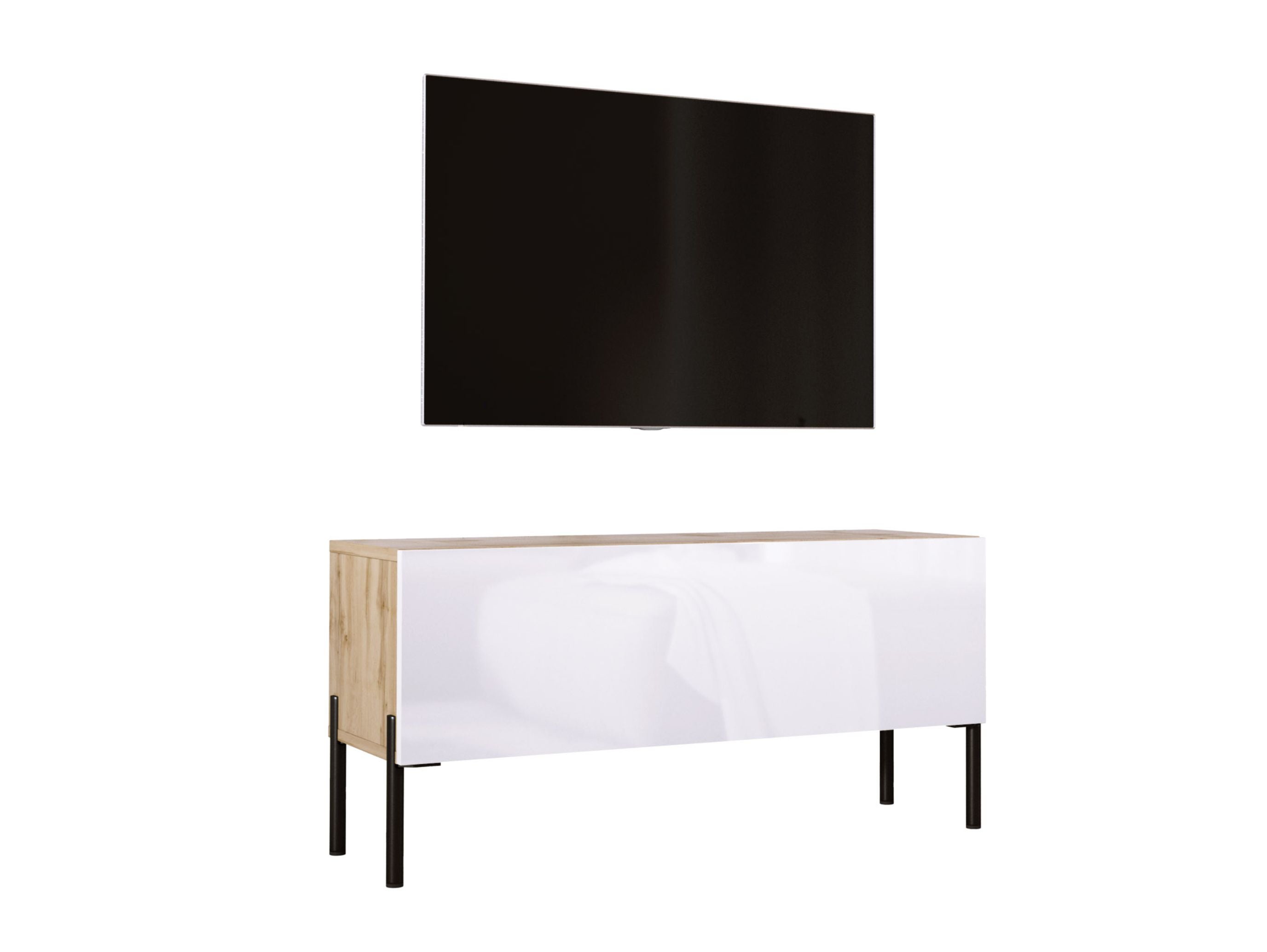 Szafka RTV : Dąb Wotan / Biały Połysk, czarne nogi, 100 x 32 x 52 cm