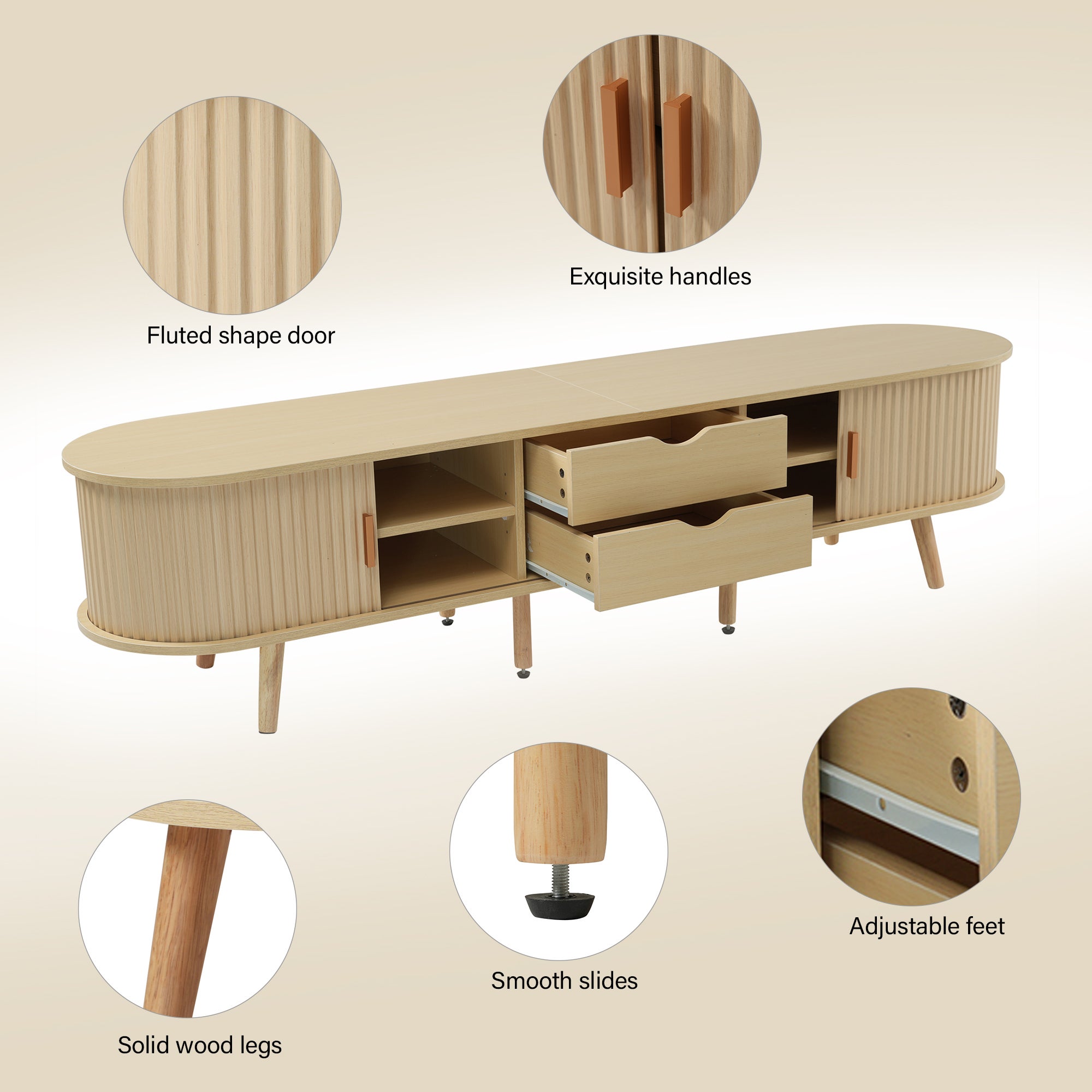 Meuble TV avec 2 portes coulissantes en forme ovale - 175 x 40 x 42cm - Bois MDF - Couleur bois - 5