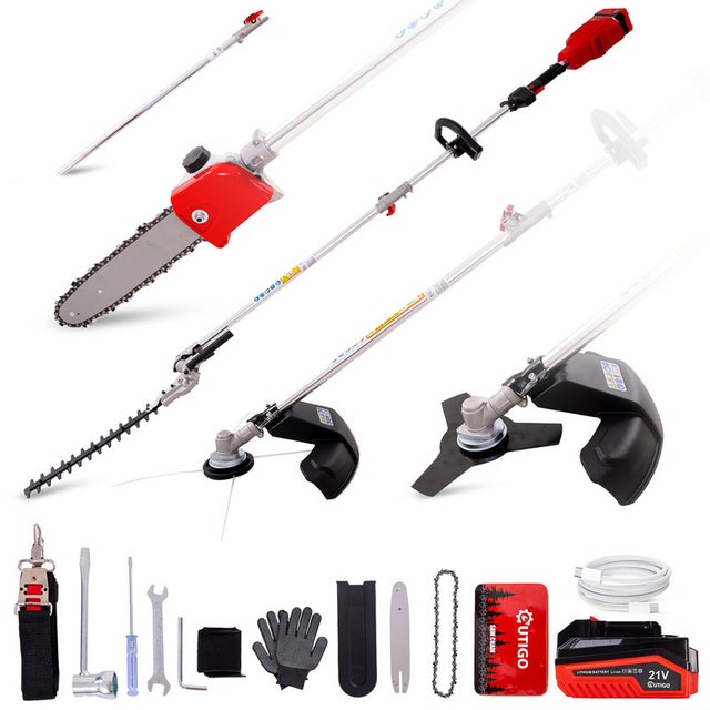 OUTIGO Attrezzo da giardino multifunzionale 4 in 1 senza fili con manico lungo: tosaerba, motosega, decespugliatore, tagliasiepi