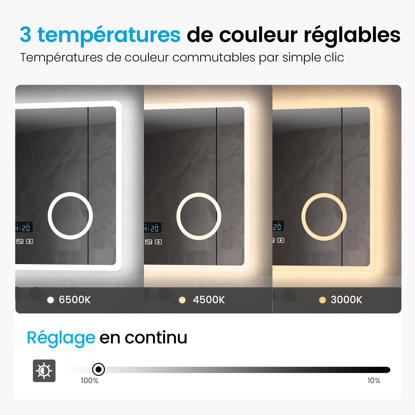Heilmetz Miroir Salle de Bain LED 100x60 cm avec Bluetooth, Anti-buée, Éclairage 3 Couleurs, Horloge Digitale - 4