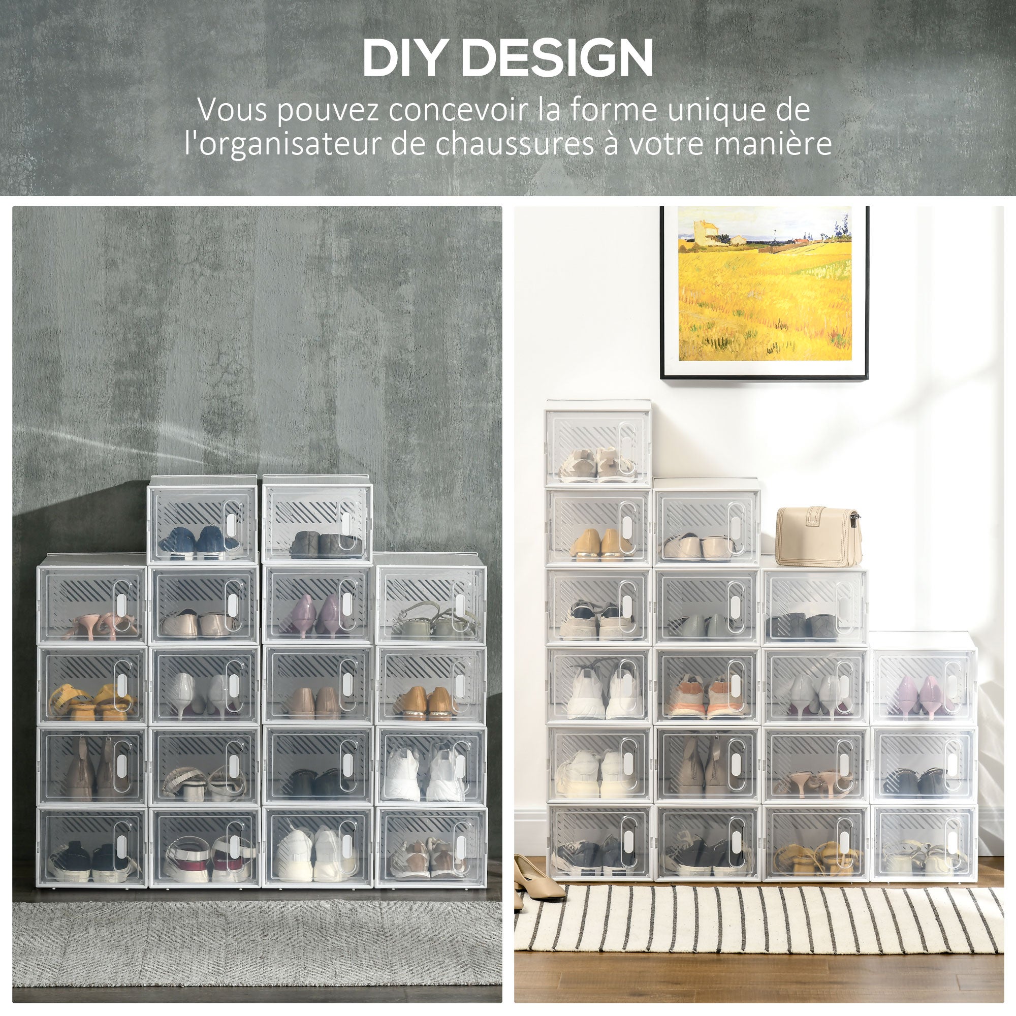 Lot de 18 boites cubes rangement à chaussures modulable avec portes transparentes - 25 x 35 x 19 cm - 6