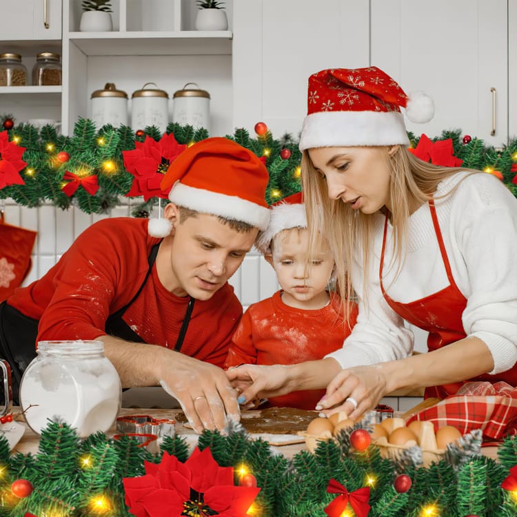 Girlanda świąteczna - Sztuczna girlanda choinkowa - do dekoracji drzwi kominka - 2,7 m, zdobiona diodami LED - z czerwoną ornamentacją - 6
