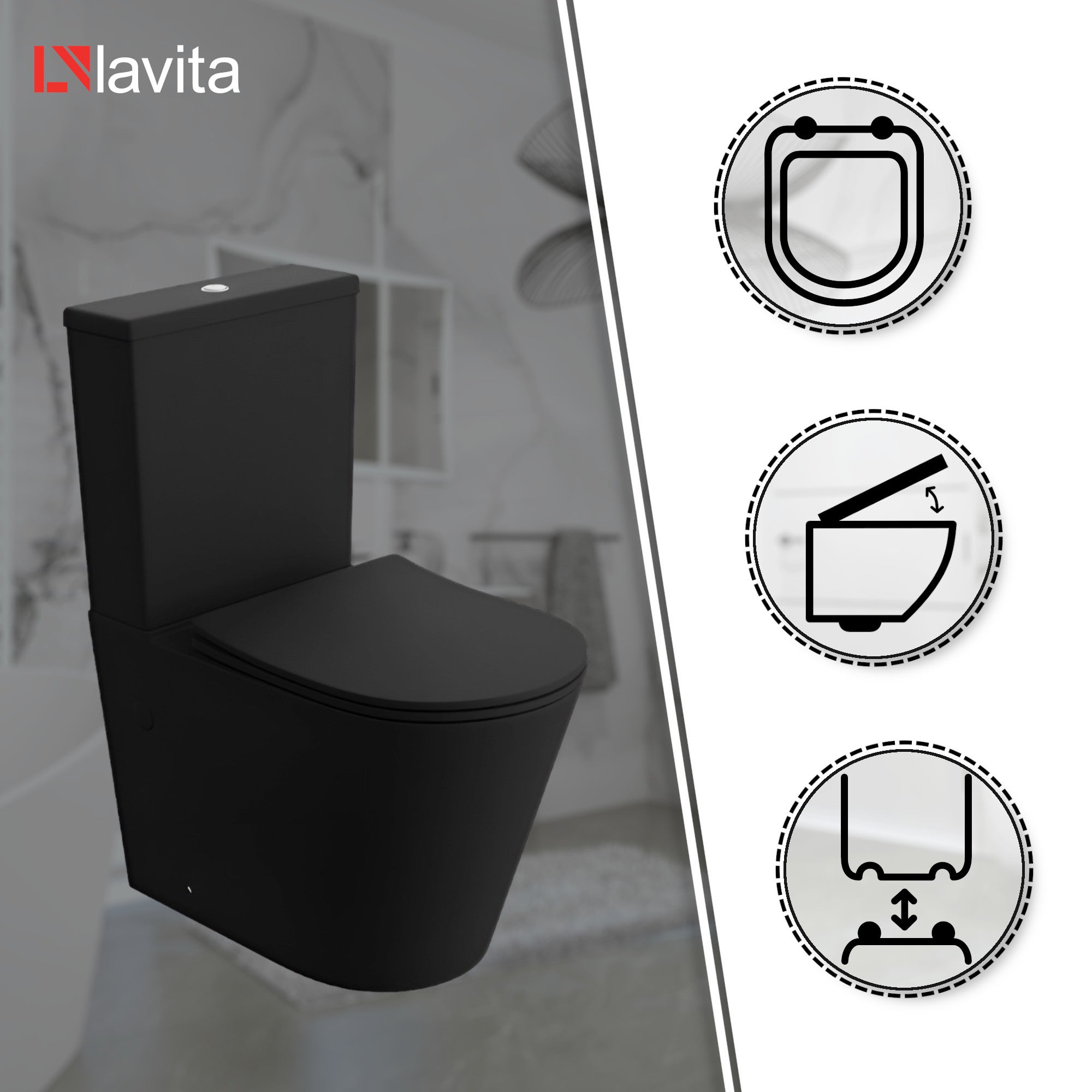 WC Monobloc LAVITA NEPTUN BLACK - Céramique Sans Bord, Abattant Frein De Chute, Design Moderne