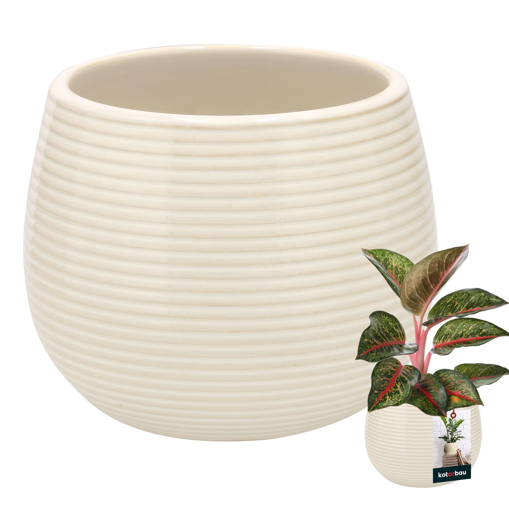 Doniczka ceramiczna okrągła ryflowana na kwiaty 12 cm - Kolor kremowy - KOTARBAU
