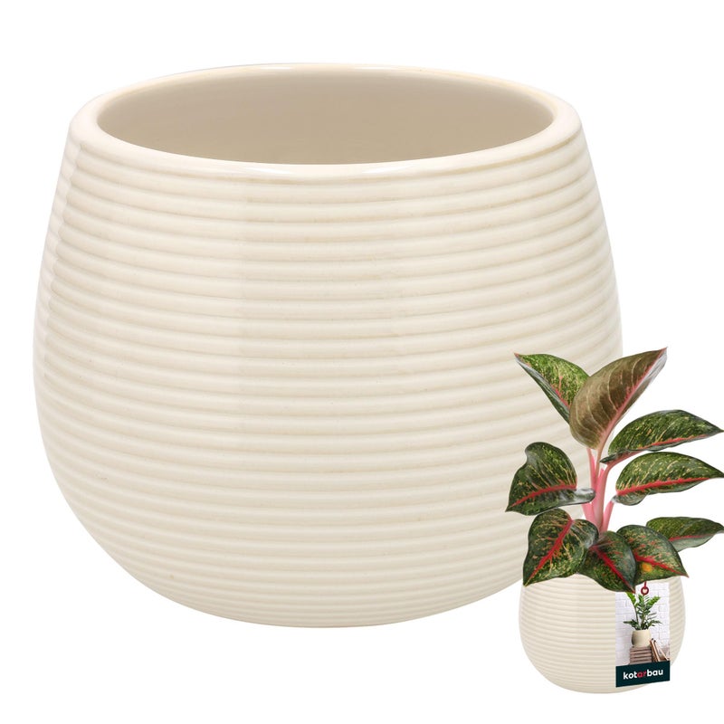 Doniczka ceramiczna okrągła ryflowana na kwiaty 12 cm - Kolor kremowy - KOTARBAU