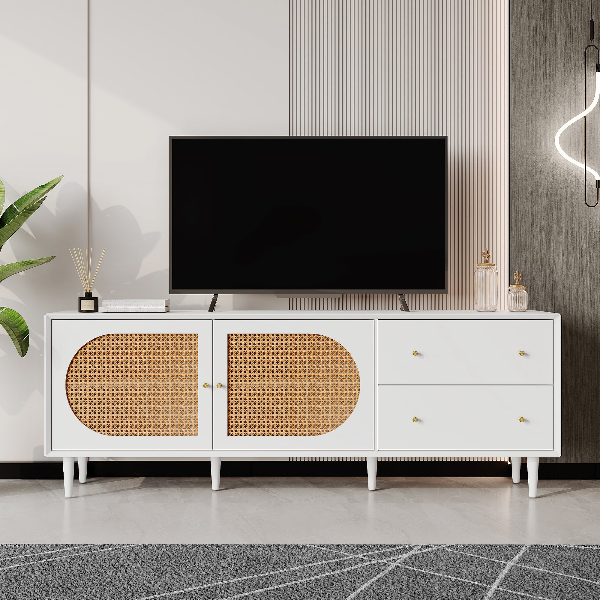Meuble TV blanc 120cm avec 3 tiroirs en rotin Santo - Decome Store