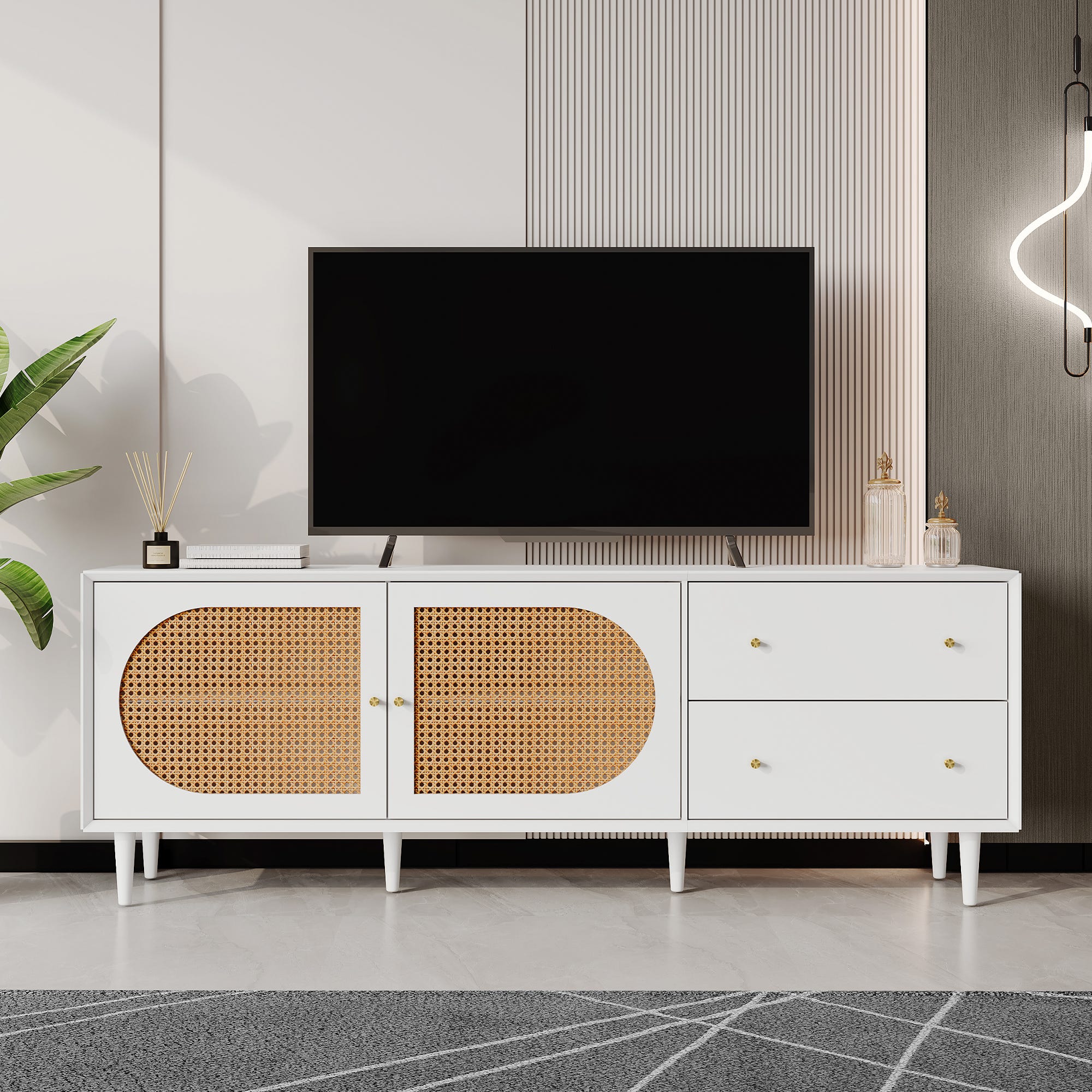 Meuble TV blanc 120cm avec 3 tiroirs en rotin Santo - Decome Store Meuble TV blanc 120cm avec 3 tiroirs en rotin Santo - Decome Store