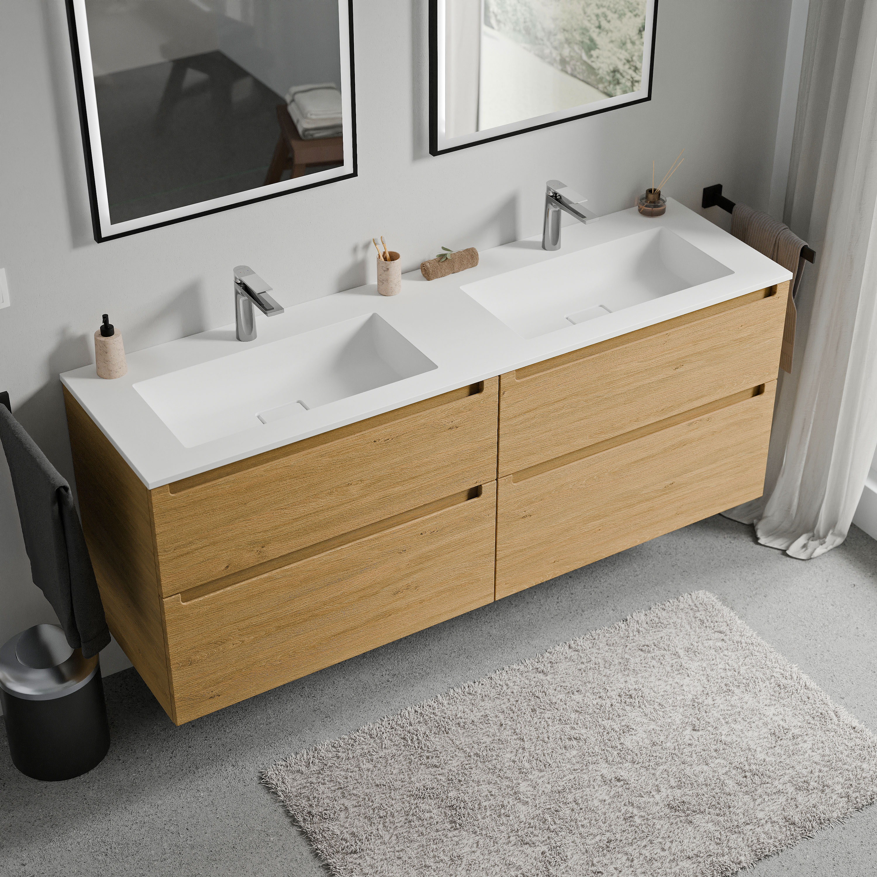 BERNSTEIN - Meuble double vasque suspendu MDF Chêne miel, lavabos fonte Blanc mat + trous robinet, tiroirs pivotants - 160x46x62cm - VIREO - 2