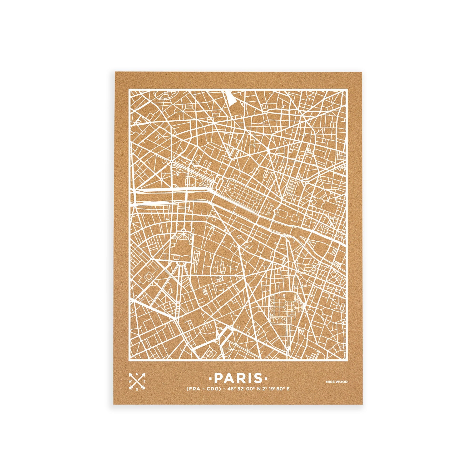 Mapa de corcho - woody map natural paris / 60 x 45 cm / blanco / sin marco