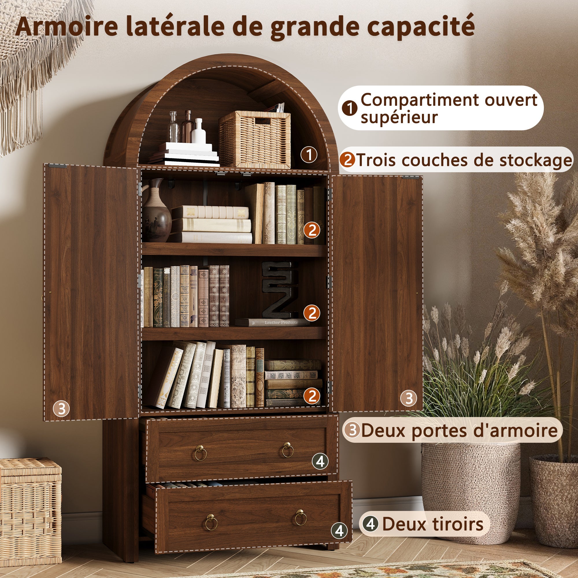 Buffet vintage en osier de style voûté à double tiroir - Meuble de rangement pour salon et chambre - 80x40x180cm - couleur bois naturel - 7