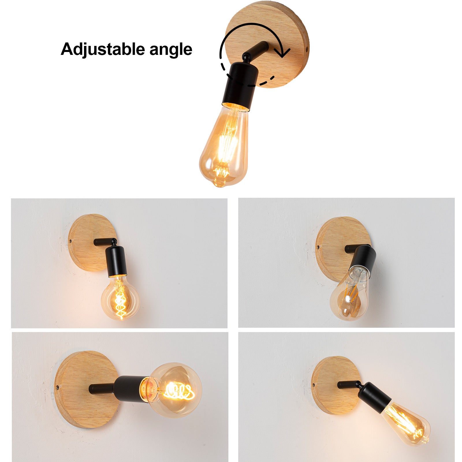 Aplique de Pared Giratorio de Madera con Casquillo E27, Estilo Vintage Rústico, Color Negro - 6