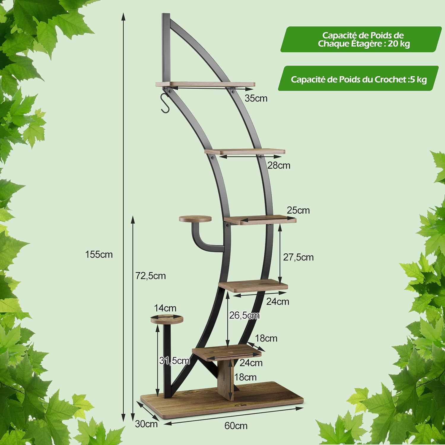 Support de Plante en Métal à 7 Niveaux, Étagère à Fleurs avec Crochet, Porte Plantes en Forme de Demi-lune, 60 x 30 x 155 CM, Marron - 3