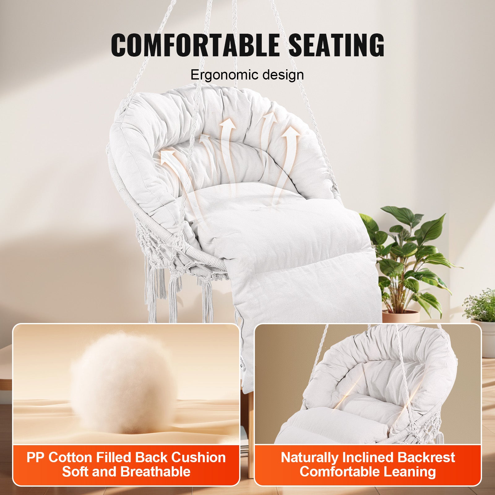 Fauteuil suspendu,VEVOR 150 kg,chaise suspendue pivotante macramé,coussin,matériel montage,corde en coton,chaise relax à franges,pour chambre - 4