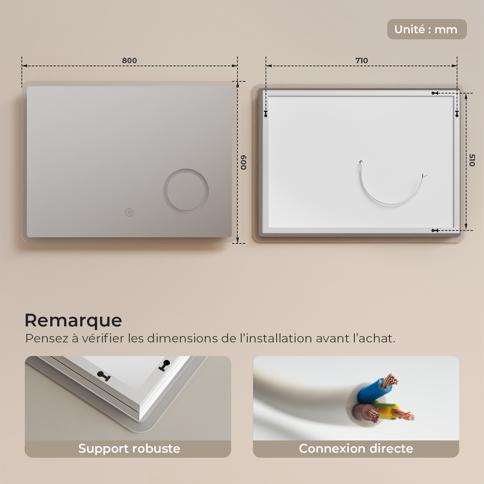 S'AFIELINA Specchio da bagno a LED con illuminazione 60 x 80 cm a ingrandimento 3x, con interruttore a sfioramento, antiappannamento, 3000/4000/6500K - 8