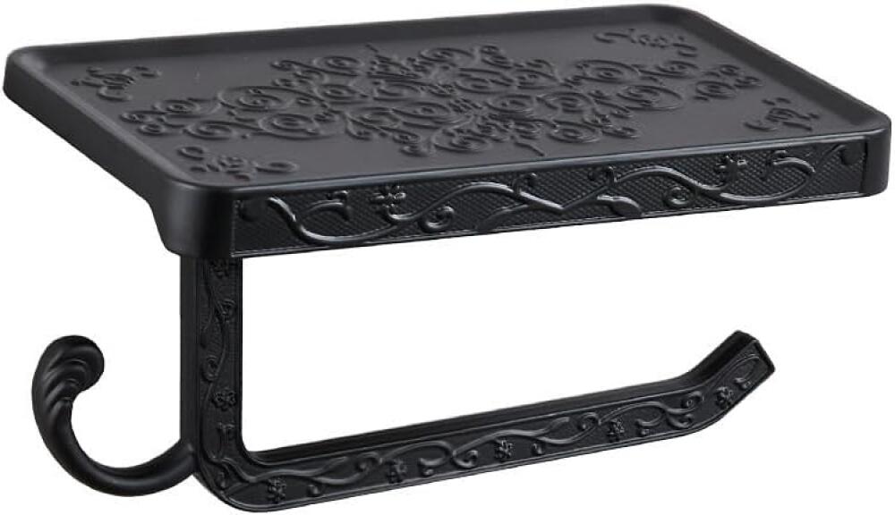 Prosty, czarny uchwyt ścienny na papier toaletowy z półką, uchwytem na papier toaletowy i telefon, lekki aluminiowy