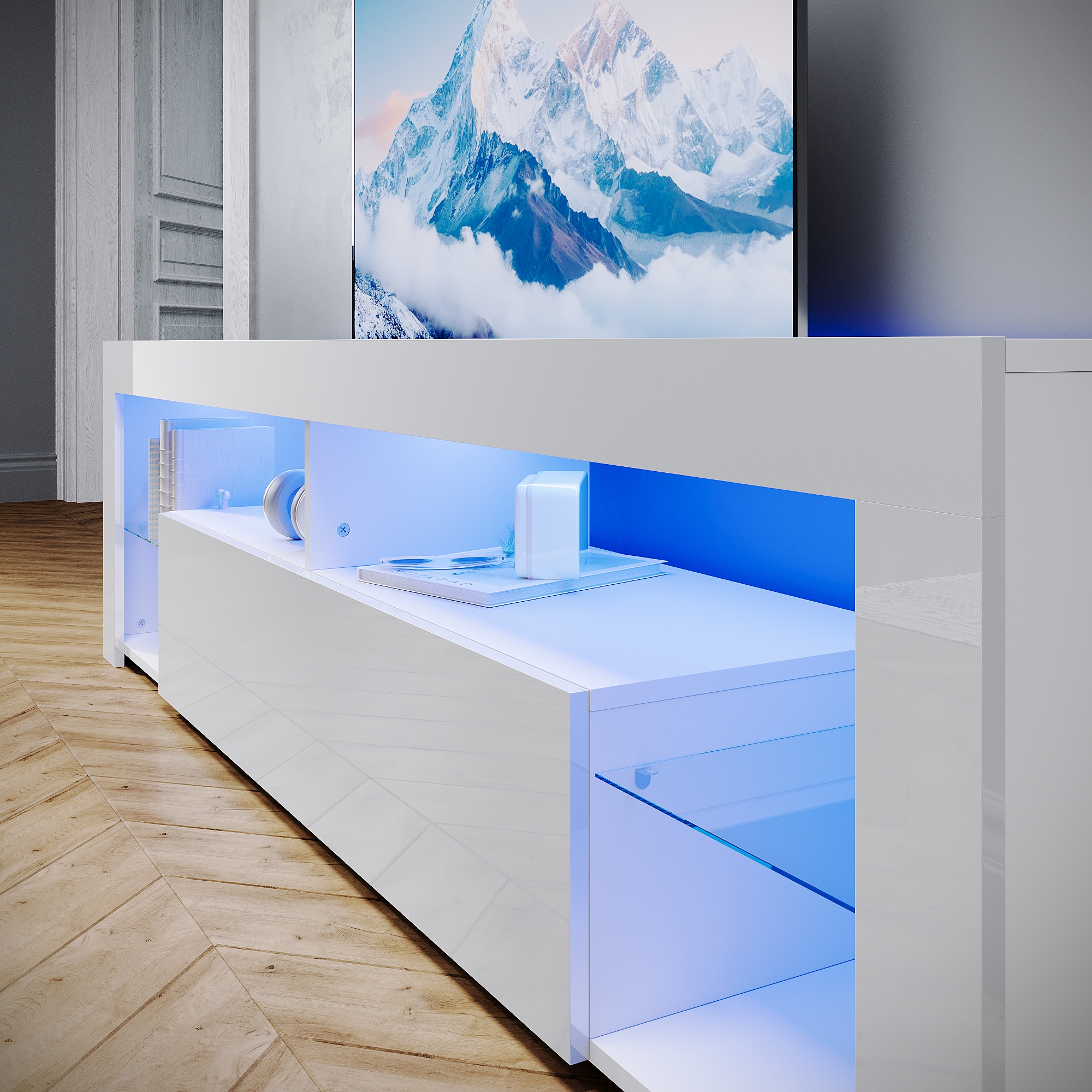 SIRHONA Meuble TV LED Rangement Moderne Sans Poignées + Etagères en Verre + Blanc + 160 cm - 3